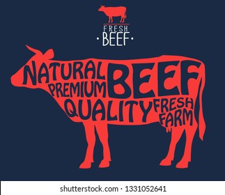 Butcher shop label. Badge with Cow silhouette isolated. Fresh Beef vintage print. Butchery meats farmers market. Prime Beef Stamp. Vector