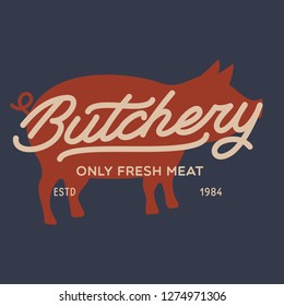 Butcher shop label badge emblem. Butchery store advertising design elements. Meat shop typography. Vector vintage illustration.