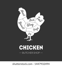 Butcher Shop Label, Chicken Cuts, Farm Poultry with Meat Cuts Lines, Vintage Black and White Vector Illustration