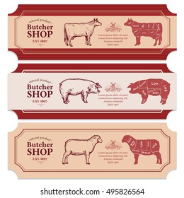 Butcher shop label fresh beef, pork, lamb vintage hand drawn vector 