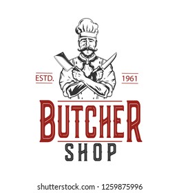 Butcher Shop Label Isolated On White. Butcher Cuts Meat.Vector Illustration.