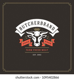 Butcher shop label template vector illustration. Bull head silhouette, good for farm or restaurant badge. Vintage typography emblem.