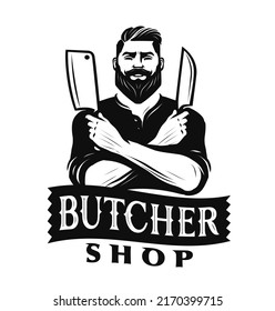 Butcher Shop label vector. Farm meat emblem. Chef holding knives cleaver for restaurant menu badge