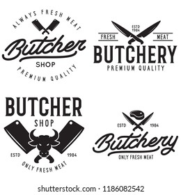 Butcher shop labels badges emblems set. Butchery store advertising design elements collection. Meat shop typography. Vector vintage illustration.