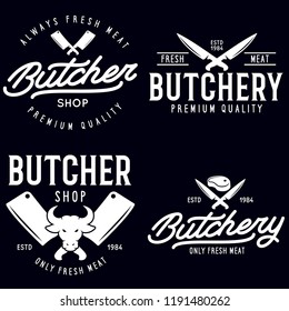 Butcher shop labels badges emblems set. Butchery store advertising design elements collection. Meat shop typography. Vector vintage illustration.