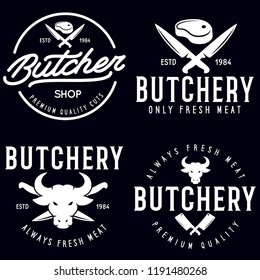 Butcher shop labels badges emblems set. Butchery store advertising design elements collection. Meat shop typography. Vector vintage illustration.