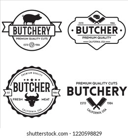 Butcher shop labels badges emblems set. Butchery store advertising design elements collection. Meat shop typography. Vector vintage illustration.