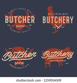 Butcher shop labels badges emblems set. Butchery store advertising design elements collection. Meat shop typography. Vector vintage illustration.
