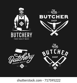 Butcher shop labels badges emblems set. Butchery store advertising design elements collection. Meat shop typography. Vector vintage illustration.