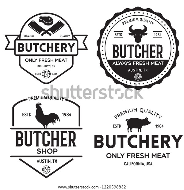 Butcher shop labels badges emblems set. Butchery store advertising