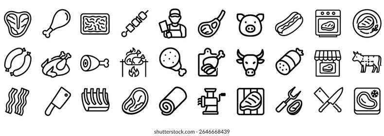 Butcher Shop Line Icon Collection – Featuring Meat Cuts, Sausages, Steak, and More. Editable Stroke Set.