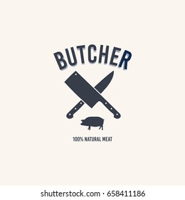 Butcher shop logo. Butchery label with sample text. Knives and a pig.