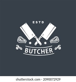 Butcher butcher shop logo with Cleaver and Chef knife, Butcher Farmer's Market text, Fresh meat.