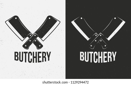 Butcher shop logo. Crossed meat cleavers on a white and black background. Grunge texture. Vector illustration
