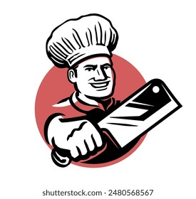 Butcher shop logo for design. Chef with a meat knife emblem. Vector illustration