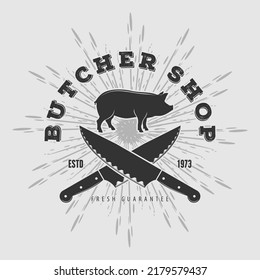 Butcher shop logo design with pig. Vector illustration