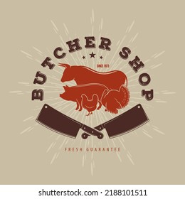 Butcher shop logo design with rooster. Vector illustration