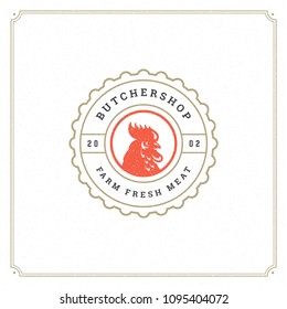 Butcher shop logo design template vector illustration. Rooster head silhouette, good for farm or restaurant badge. Vintage typography emblem.