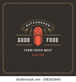 Butcher shop logo design vector illustration. Sausages silhouette, good for market badge. Vintage typography logotype template.