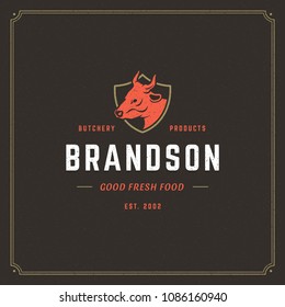 Butcher shop logo design vector illustration. Cow head silhouette, good for farm or restaurant badge. Vintage typography logotype template.
