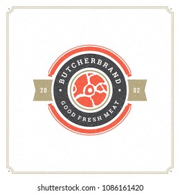 Butcher shop logo design vector illustration. Meat steak silhouette, good for farm or restaurant badge. Vintage typography logotype template.