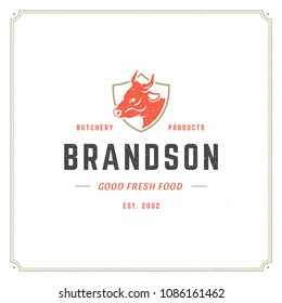 Butcher shop logo design vector illustration. Cow head silhouette, good for farm or restaurant badge. Vintage typography logotype template.