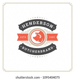 Butcher shop logo design vector illustration. Pig head silhouette, good for farm or restaurant badge. Vintage typography logotype template.