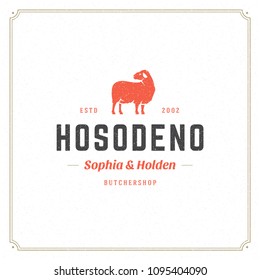 Butcher shop logo design vector illustration. Lamb silhouette, good for farm or restaurant badge. Vintage typography logotype template.