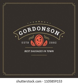 Butcher shop logo design vector illustration. Sausages silhouette, good for market badge. Vintage typography logotype template.