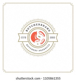 Butcher shop logo design vector illustration. Sausages silhouette, good for market badge. Vintage typography logotype template. Butcher shop logo design vector illustration. Sausages silhouette, good for market badge. Vintage typography logotype template.
