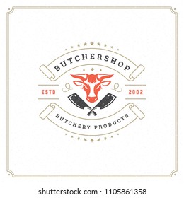 Butcher shop logo design vector illustration. Bull head silhouette, good for farm or restaurant badge. Vintage typography emblem template.