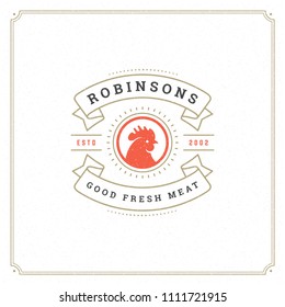 Butcher shop logo design vector illustration. Rooster head silhouette, good for farm or restaurant badge. Vintage typography logotype template.