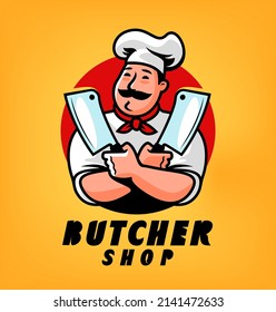 Butcher shop logo. Emblem chef with meat knife for farmers market. Cartoon character vector illustration