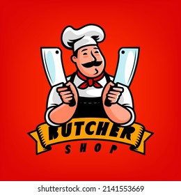 Butcher shop logo emblem for design. Funny Chef with cleaver cartoon character vector illustration