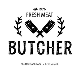 Butcher shop logo emblem. Meat shop typography icon. Butchery store vector design element. Vector illustration with meat knife. Butcher logo template. Fresh meat shop. Vintage kitchen logo.