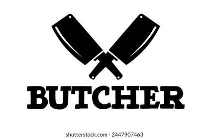 Butcher shop logo emblem. Meat shop typography icon. Butchery store vector design element. Vector illustration with meat knife. Butcher logo template. Fresh meat shop. Vintage kitchen logo.