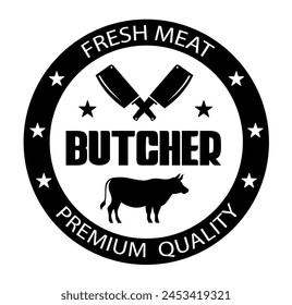 Logotipo de la carnicería. Icono de tipografía de carnicería. Elemento de diseño de Vector de tienda de carnicería. Ilustración vectorial con cuchillo de carne. Plantilla del logo del Carnicero. Tienda de carne fresca. Logotipo de Antiguas Kitchen.