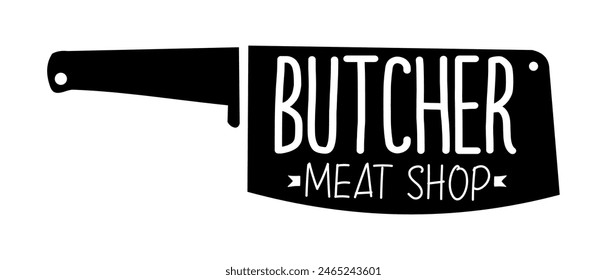 Logotipo de la carnicería. Icono de tipografía de carnicería. Elemento de diseño de Vector de tienda de carnicería. Ilustración vectorial con cuchillo de carne. Plantilla del logo del Carnicero. Tienda de carne fresca. Logotipo de Antiguas Kitchen.