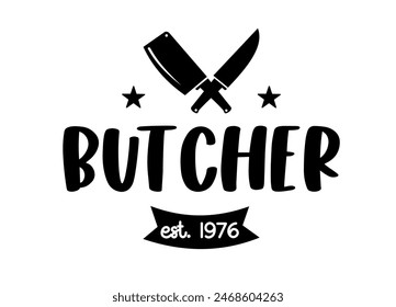 Logotipo de la carnicería. Icono de tipografía de carnicería. Elemento de diseño de Vector de tienda de carnicería. Ilustración vectorial con cuchillo de carne. Plantilla del logo del Carnicero. Tienda de carne fresca. Logotipo de Antiguas Kitchen.