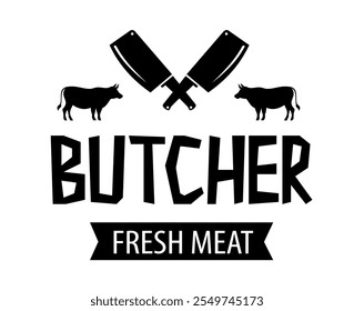 Butcher shop logo emblem. Meat shop typography icon. Butchery store vector design element. Vector illustration with meat knife. Butcher logo template. Fresh meat shop. Vintage kitchen logo.