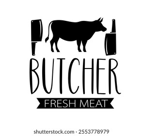 Butcher shop logo emblem. Meat shop typography icon. Butchery store vector design element. Vector illustration with meat knife. Butcher logo template. Fresh meat shop. Vintage kitchen logo.