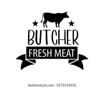 Butcher shop logo emblem. Meat shop typography icon. Butchery store vector design element. Vector illustration with meat knife. Butcher logo template. Fresh meat shop. Vintage kitchen logo.