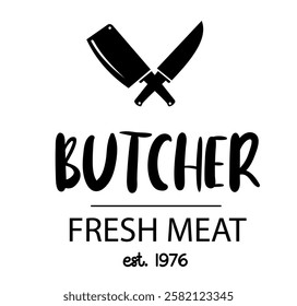 Butcher shop logo emblem. Meat shop typography icon. Butchery store vector design element. Vector illustration with meat knife. Butcher logo template. Fresh meat shop. Vintage kitchen logo.