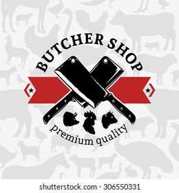 Butcher Shop Logo, Farm Animal Seamless Pattern