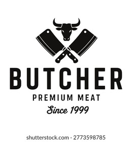 Butcher shop logo featuring a bull head with crossed cleavers, premium meat since 1999