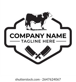 Logotipo de açougue com um emblema de design de vaca e Cleavers para processamento de carne ou marca de empresa de fazenda a mesa