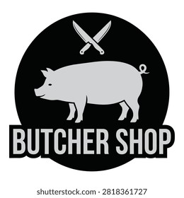 Butcher shop logo featuring a pig and crossed knives on black background