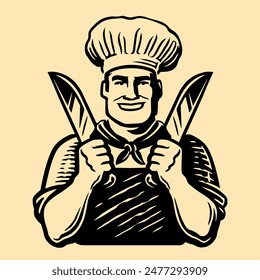 Logo de la carnicería. Feliz chef sonriente con cuchillos. Cocinero masculino en la Ilustración vectorial del emblema del sombrero