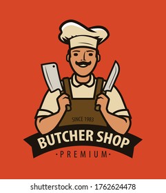 Butcher shop logo or label. Chef with kitchen knives vector illustration