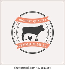 Butcher Shop Logo, Meat Label Template with Farm Animals Silhouettes